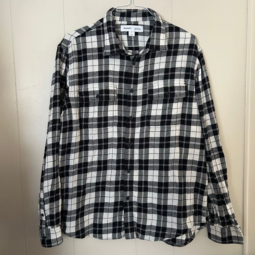Old Navy Black White Plaid Flannel Button Down Shirt XL